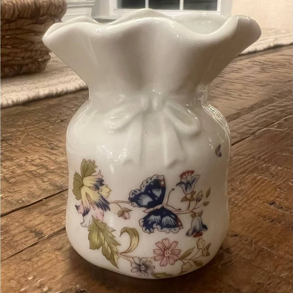 Vintage Raj Porcelain Drawstring Petite Vase with Butterfly and Floral Design